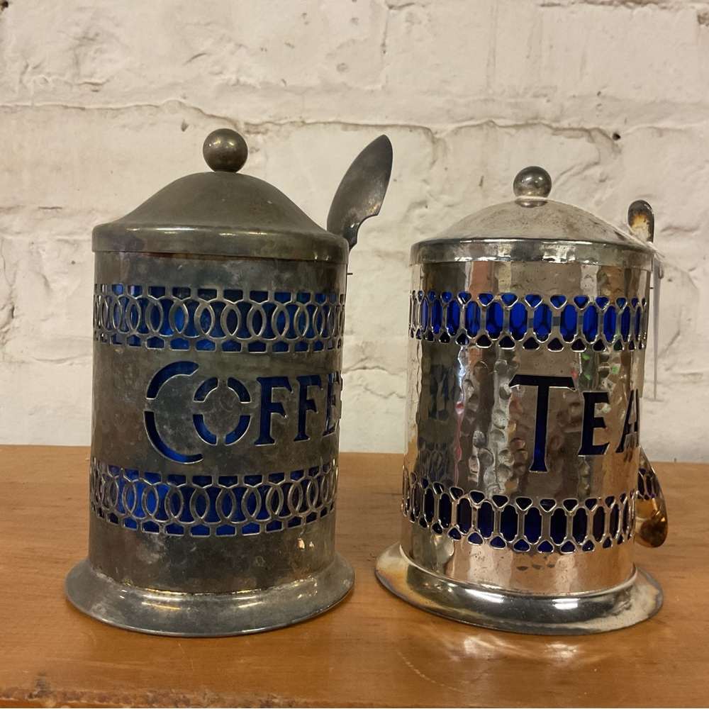 Vintage Silver Plate Coffee and Tea Canister Set with Blue Accents
